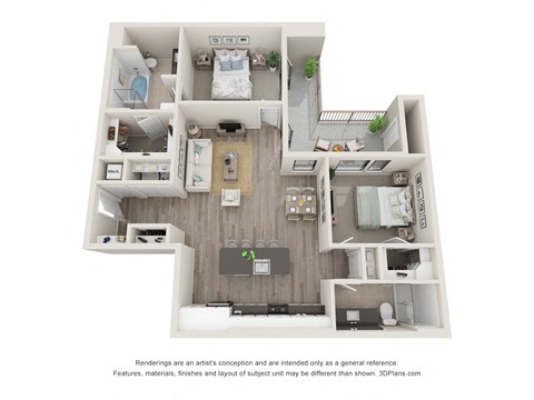 Floor plan for 2 beds, 2 baths, 1287 sqft